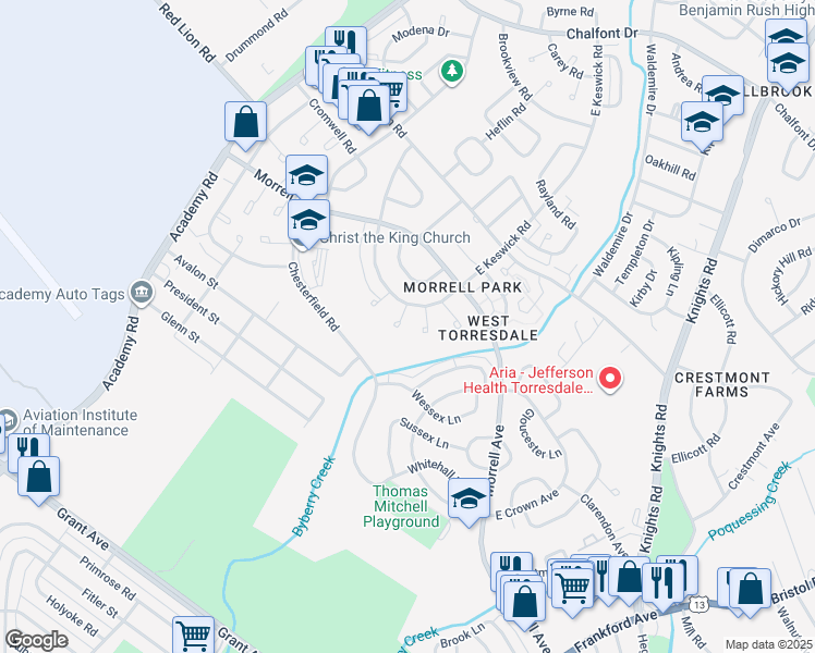 map of restaurants, bars, coffee shops, grocery stores, and more near 3316 South Keswick Circle in Philadelphia