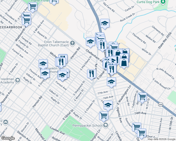 map of restaurants, bars, coffee shops, grocery stores, and more near 7831 Bayard Street in Philadelphia