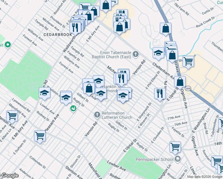 map of restaurants, bars, coffee shops, grocery stores, and more near 8033 Fayette Street in Philadelphia
