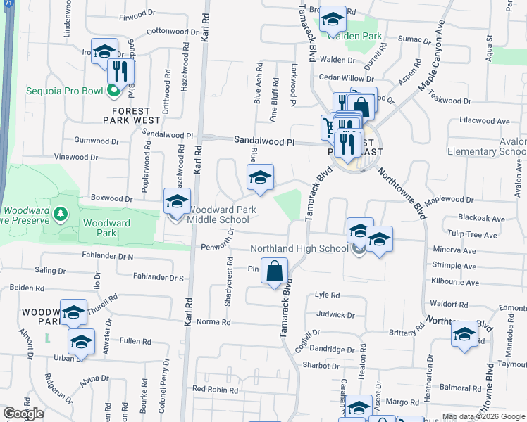 map of restaurants, bars, coffee shops, grocery stores, and more near 1711 Penworth Drive in Columbus