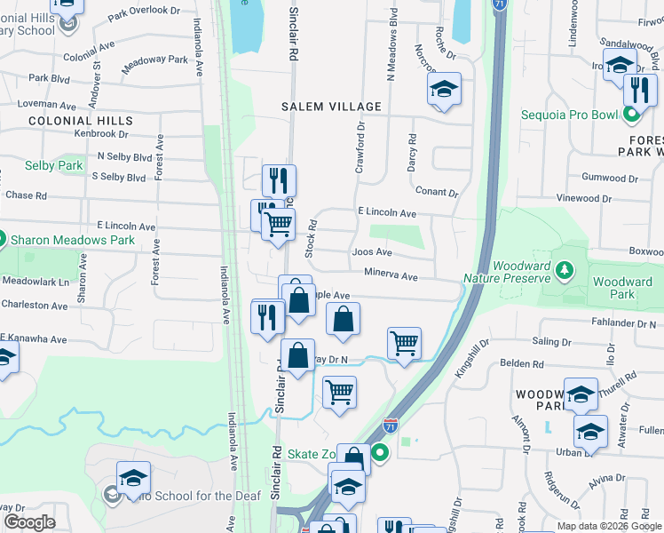 map of restaurants, bars, coffee shops, grocery stores, and more near 5314 Stock Road in Columbus