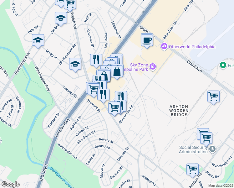 map of restaurants, bars, coffee shops, grocery stores, and more near 48 Bonnie Gellman Court in Philadelphia