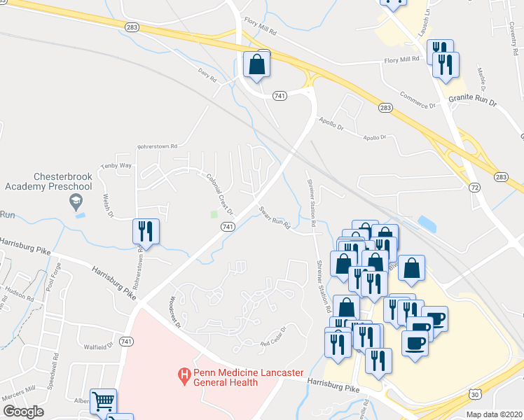 map of restaurants, bars, coffee shops, grocery stores, and more near 1601 Swarr Run Road in Lancaster