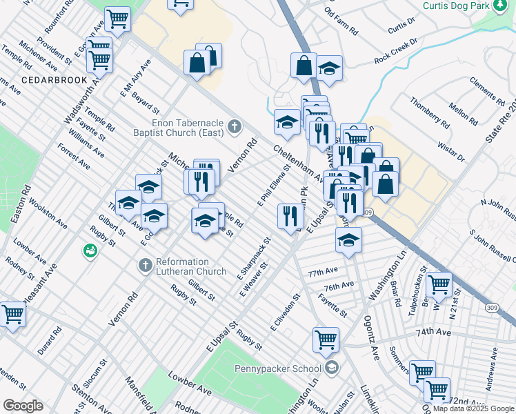 map of restaurants, bars, coffee shops, grocery stores, and more near 7902 Provident Road in Philadelphia