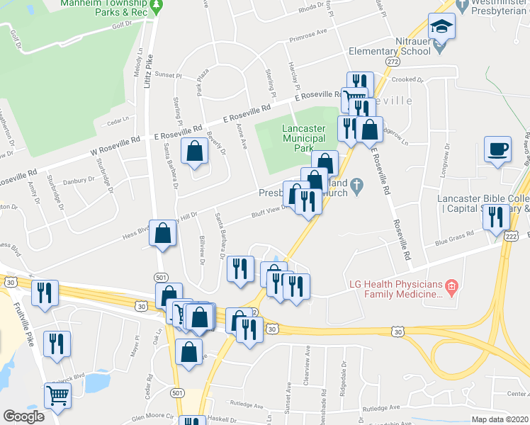 map of restaurants, bars, coffee shops, grocery stores, and more near 261 Bluff View Drive in Lancaster