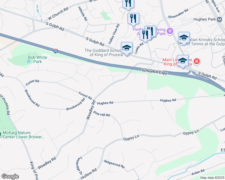 map of restaurants, bars, coffee shops, grocery stores, and more near 501 Weadley Road in King of Prussia