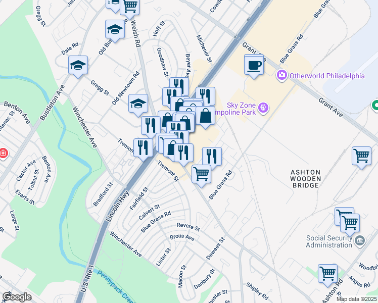 map of restaurants, bars, coffee shops, grocery stores, and more near 9233 Roosevelt Boulevard in Philadelphia