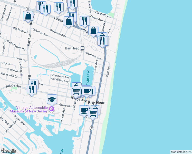 map of restaurants, bars, coffee shops, grocery stores, and more near 315 Lake Ave in Bay Head