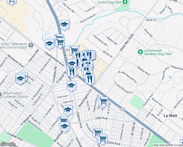 map of restaurants, bars, coffee shops, grocery stores, and more near 2227 West Cheltenham Avenue in Philadelphia