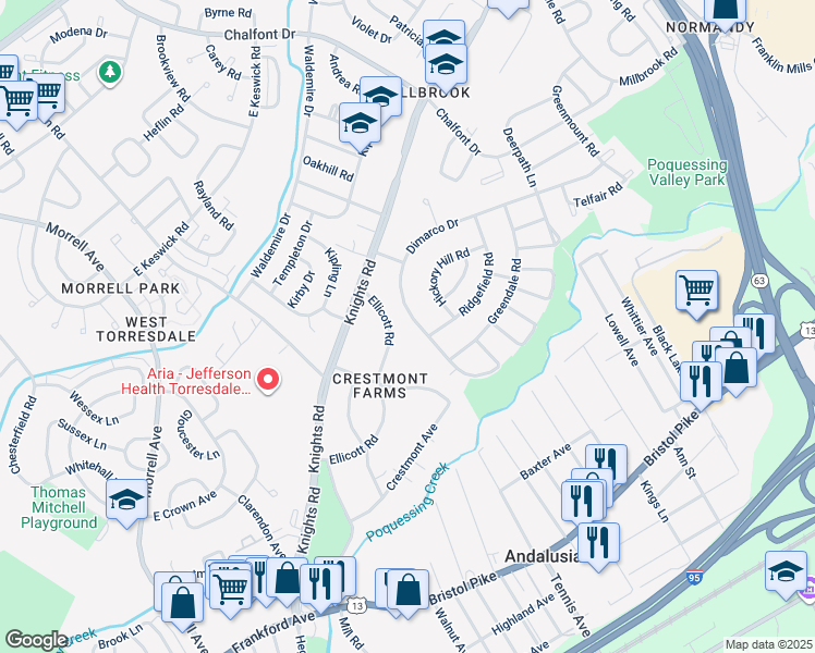 map of restaurants, bars, coffee shops, grocery stores, and more near 172 Dimarco Drive in Philadelphia