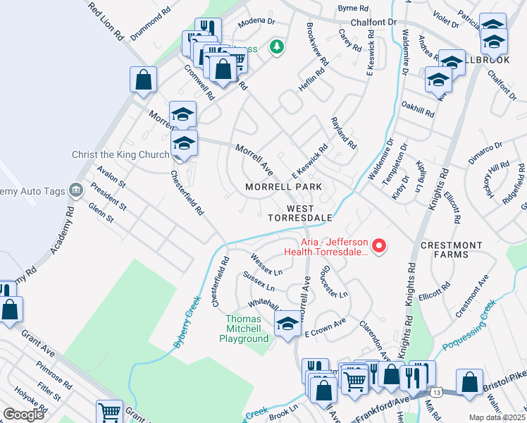 map of restaurants, bars, coffee shops, grocery stores, and more near 3315 South Keswick Circle in Philadelphia