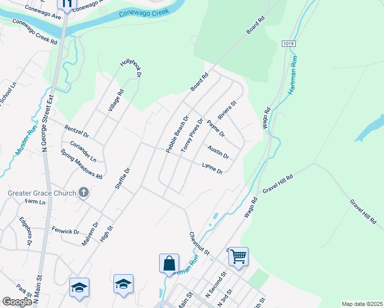 map of restaurants, bars, coffee shops, grocery stores, and more near 210 Riviera Street in Mount Wolf