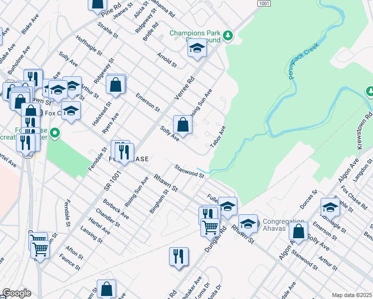 map of restaurants, bars, coffee shops, grocery stores, and more near 1102 Solly Avenue in Philadelphia