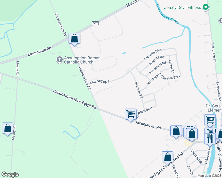 map of restaurants, bars, coffee shops, grocery stores, and more near 4 Province Line Road in Plumsted Township