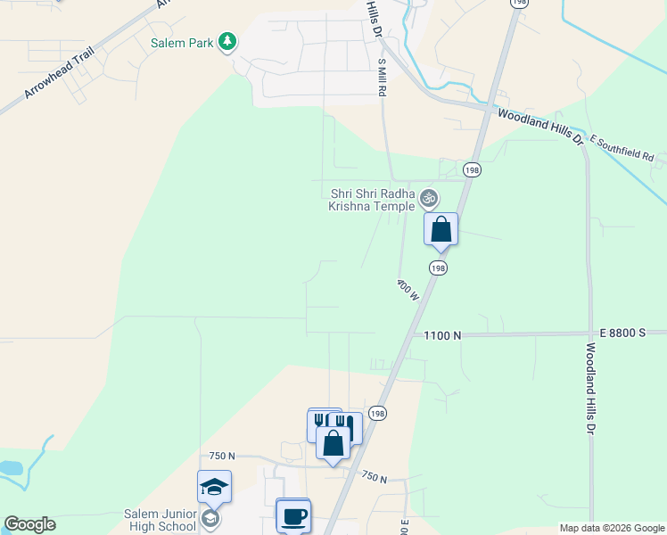 map of restaurants, bars, coffee shops, grocery stores, and more near 322 East 1250 North in Salem