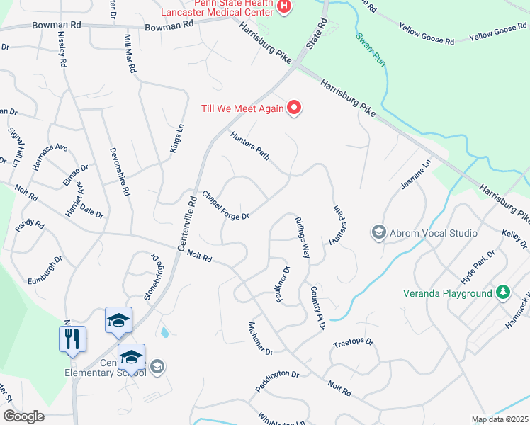 map of restaurants, bars, coffee shops, grocery stores, and more near 1053 Chapel Forge Drive in Lancaster