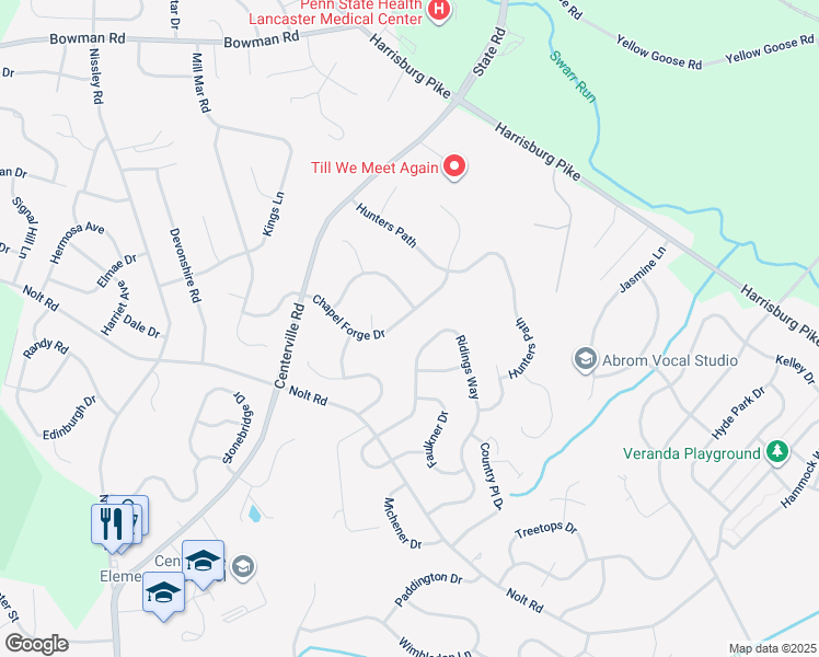 map of restaurants, bars, coffee shops, grocery stores, and more near 1053 Chapel Forge Drive in Lancaster