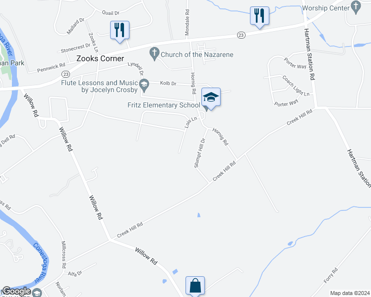 map of restaurants, bars, coffee shops, grocery stores, and more near 2178 Lois Lane in Lancaster