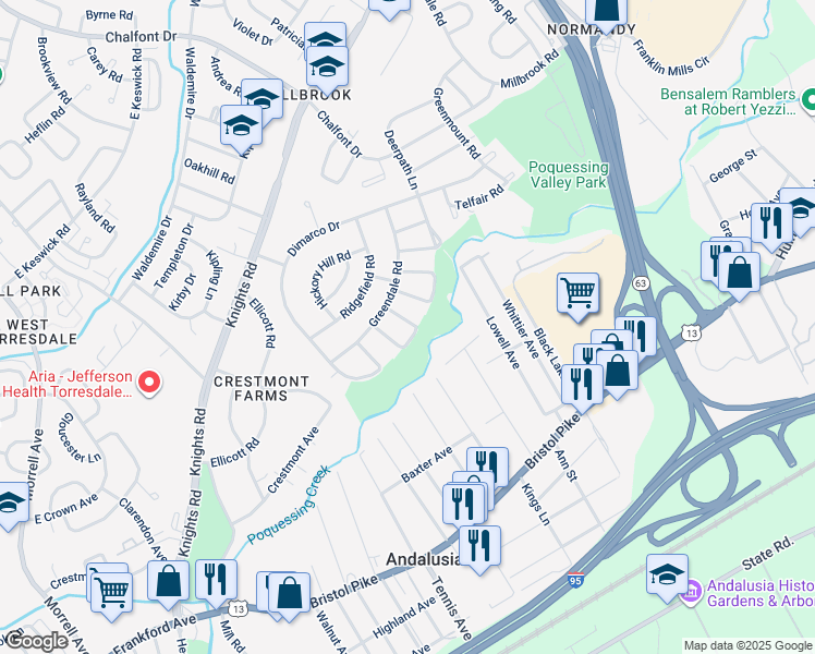 map of restaurants, bars, coffee shops, grocery stores, and more near 228 Nauldo Road in Philadelphia