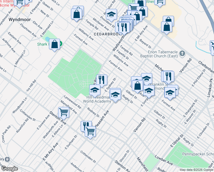 map of restaurants, bars, coffee shops, grocery stores, and more near 1231 East Sydney Street in Philadelphia