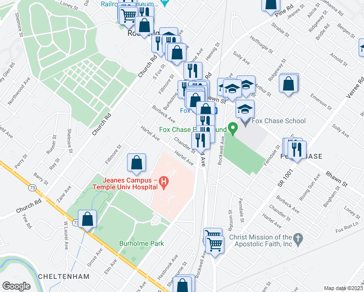map of restaurants, bars, coffee shops, grocery stores, and more near 414 Chandler Street in Philadelphia