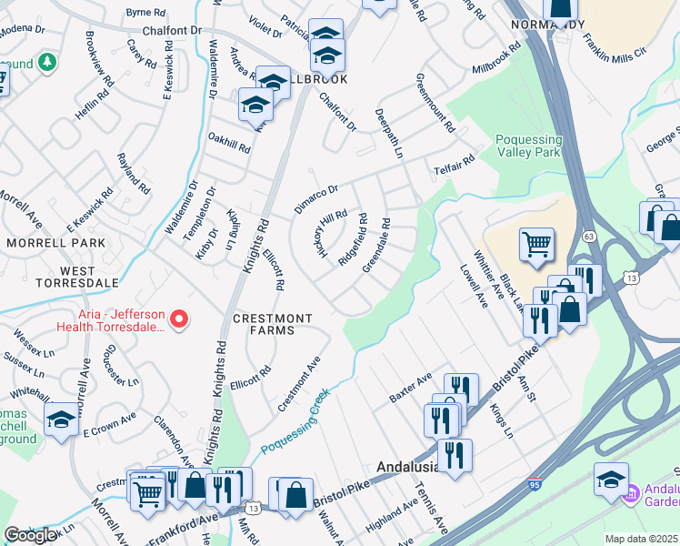 map of restaurants, bars, coffee shops, grocery stores, and more near 115 Ridgefield Road in Philadelphia
