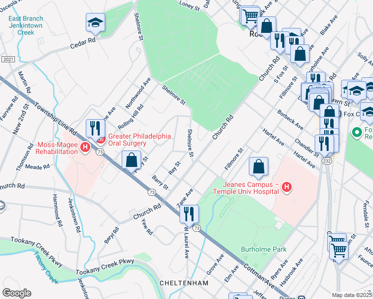 map of restaurants, bars, coffee shops, grocery stores, and more near 235 Shelmire Street in Jenkintown