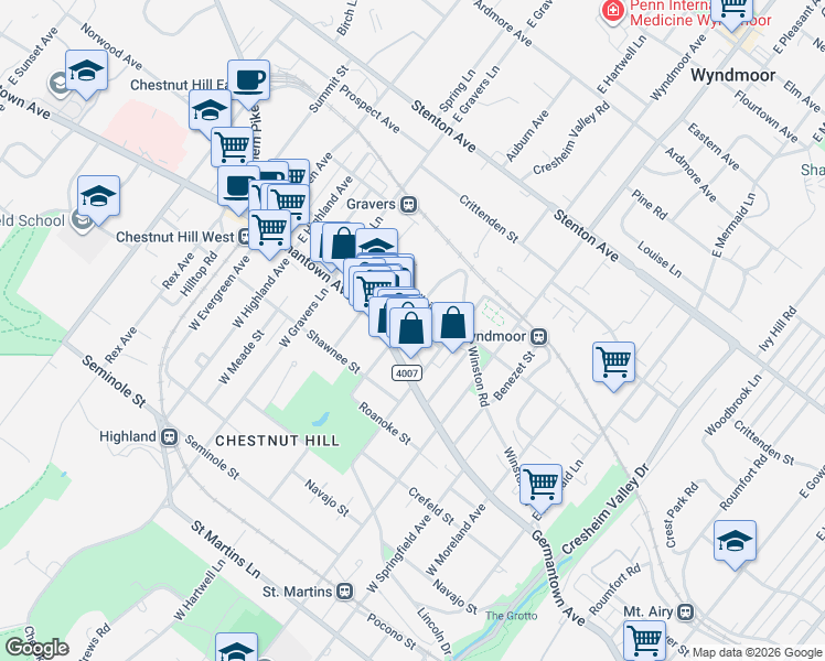 map of restaurants, bars, coffee shops, grocery stores, and more near 121 East Hartwell Lane in Philadelphia