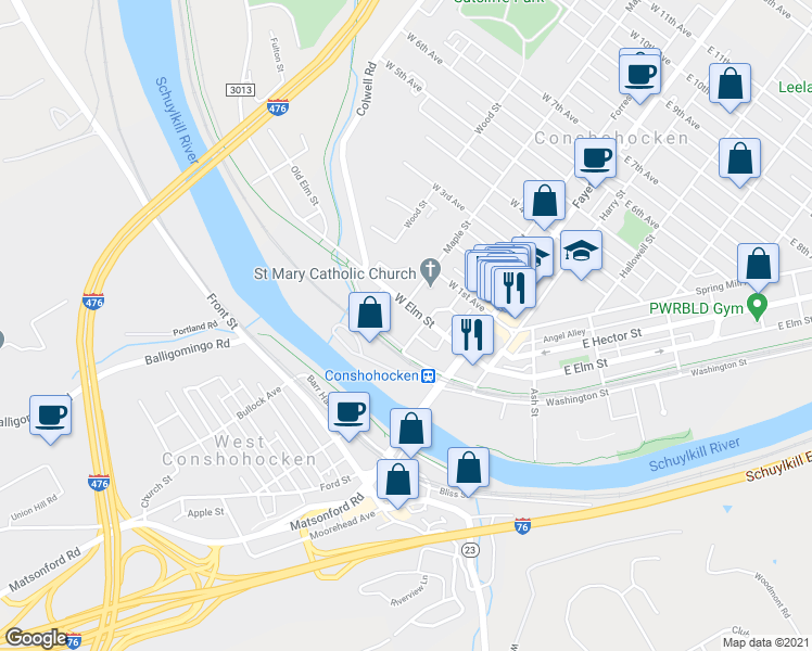 map of restaurants, bars, coffee shops, grocery stores, and more near 150 West Elm Street in Conshohocken