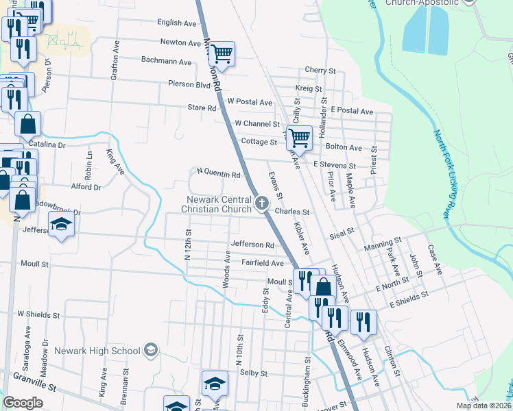 map of restaurants, bars, coffee shops, grocery stores, and more near 612 Mount Vernon Road in Newark