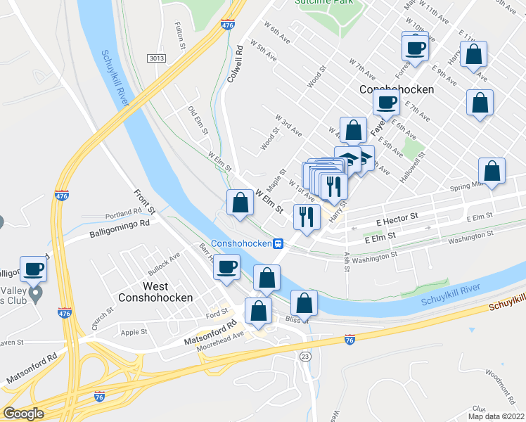 map of restaurants, bars, coffee shops, grocery stores, and more near 200 West Elm Street in Conshohocken