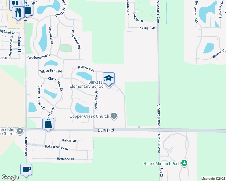 map of restaurants, bars, coffee shops, grocery stores, and more near 2201 Hallbeck Drive in Champaign