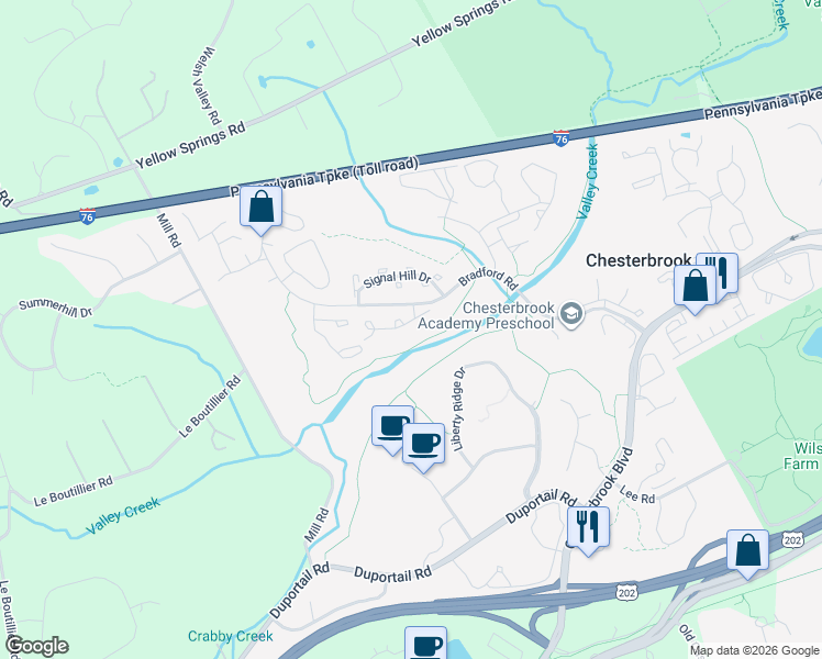map of restaurants, bars, coffee shops, grocery stores, and more near 61 Woodstream Drive in Chesterbrook