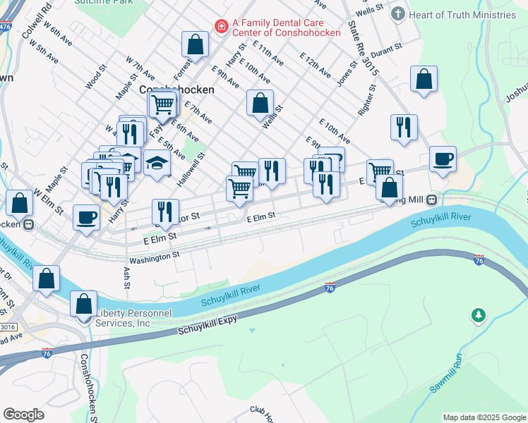 map of restaurants, bars, coffee shops, grocery stores, and more near 508 East Hector Street in Conshohocken