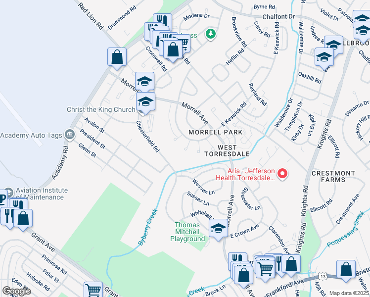 map of restaurants, bars, coffee shops, grocery stores, and more near 3316 South Keswick Terrace in Philadelphia