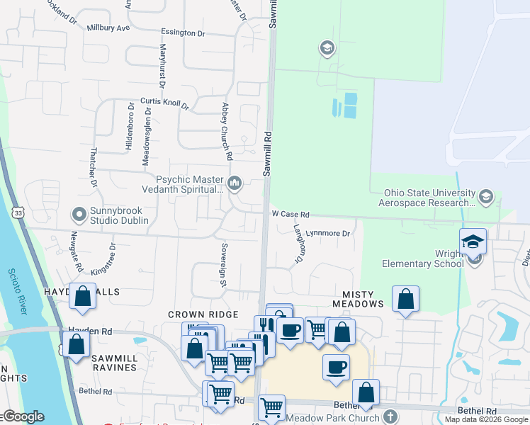 map of restaurants, bars, coffee shops, grocery stores, and more near 5211 Sawmill Road in Columbus