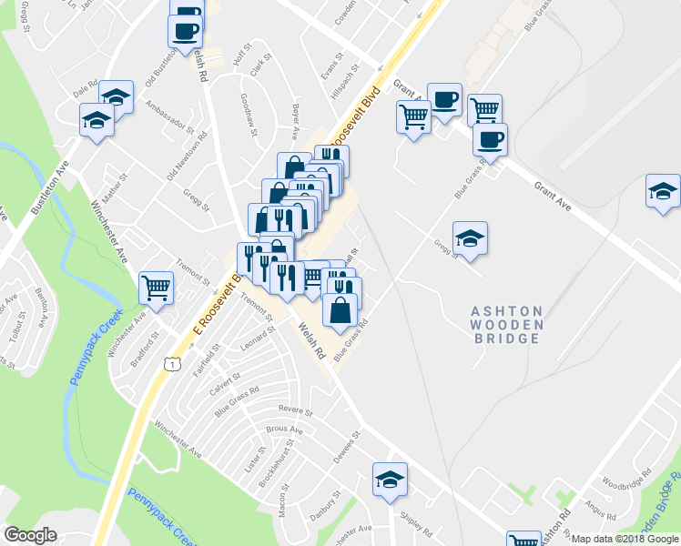 map of restaurants, bars, coffee shops, grocery stores, and more near 47 Bonnie Gellman Court in Philadelphia