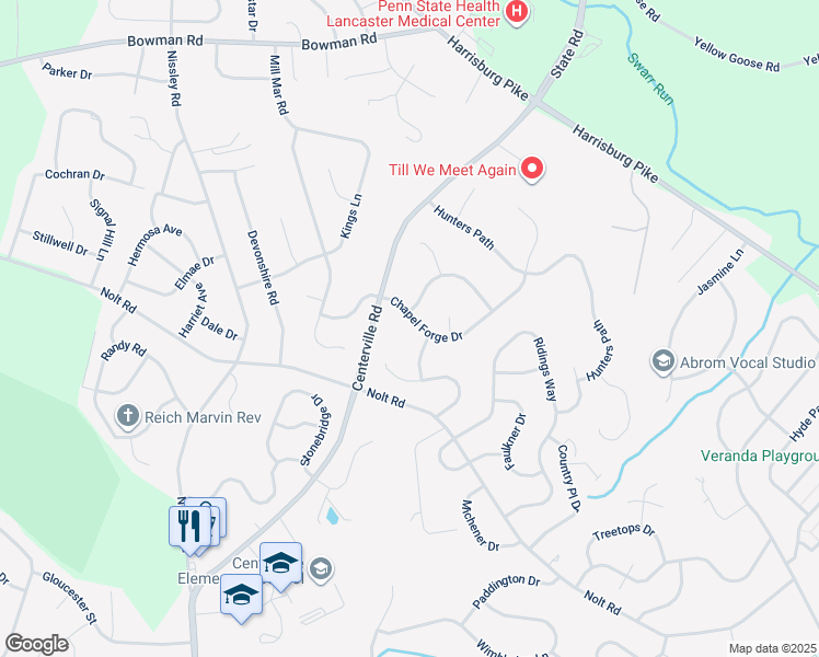 map of restaurants, bars, coffee shops, grocery stores, and more near 1081 Chapel Forge Drive in Lancaster