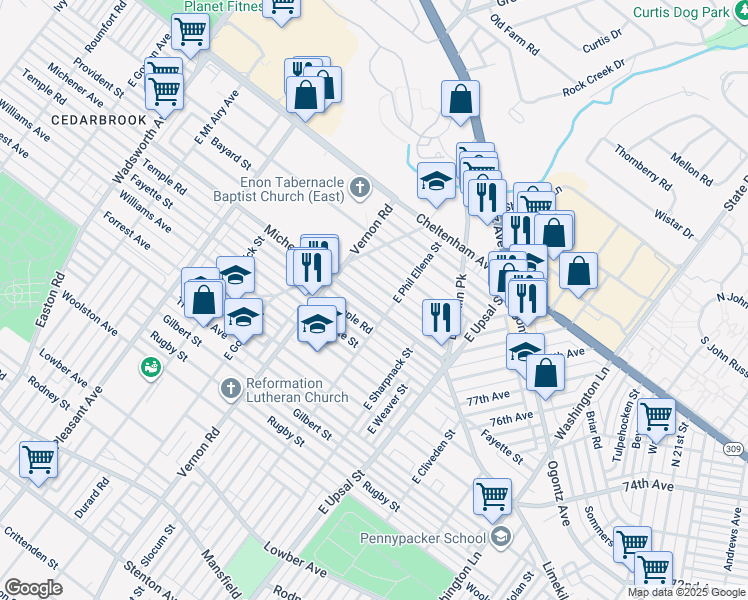 map of restaurants, bars, coffee shops, grocery stores, and more near 7919 Michener Avenue in Philadelphia