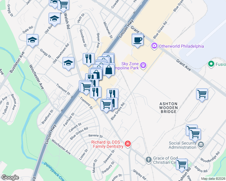 map of restaurants, bars, coffee shops, grocery stores, and more near Marshall Street in Philadelphia