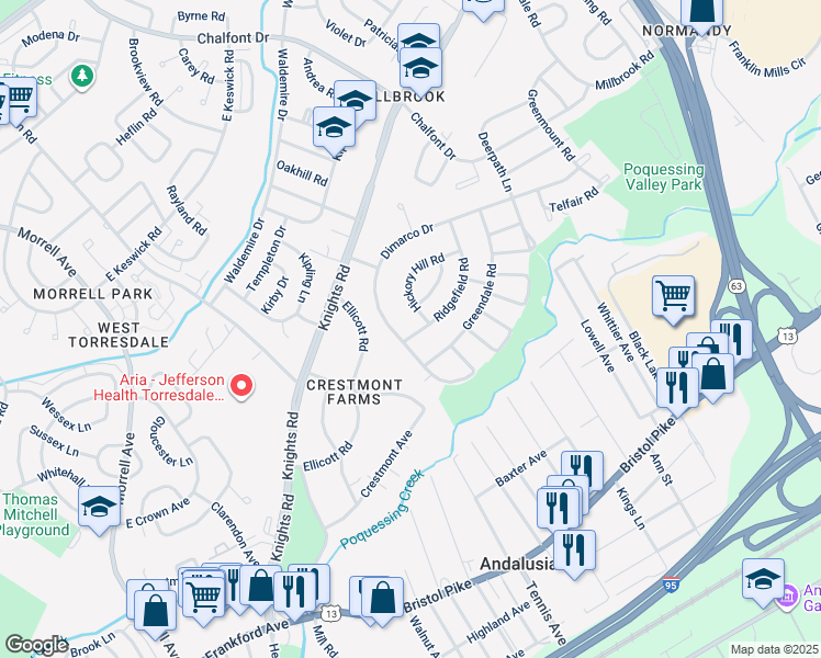 map of restaurants, bars, coffee shops, grocery stores, and more near 106 Ridgefield Road in Philadelphia