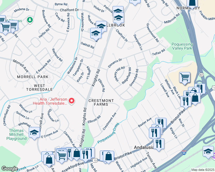 map of restaurants, bars, coffee shops, grocery stores, and more near 174 Dimarco Drive in Philadelphia