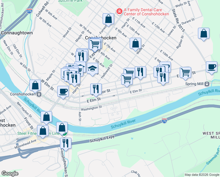 map of restaurants, bars, coffee shops, grocery stores, and more near 359 Spring Mill Avenue in Conshohocken