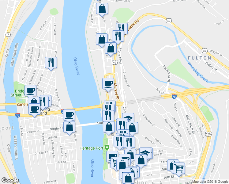 map of restaurants, bars, coffee shops, grocery stores, and more near 809 Market Street in Wheeling