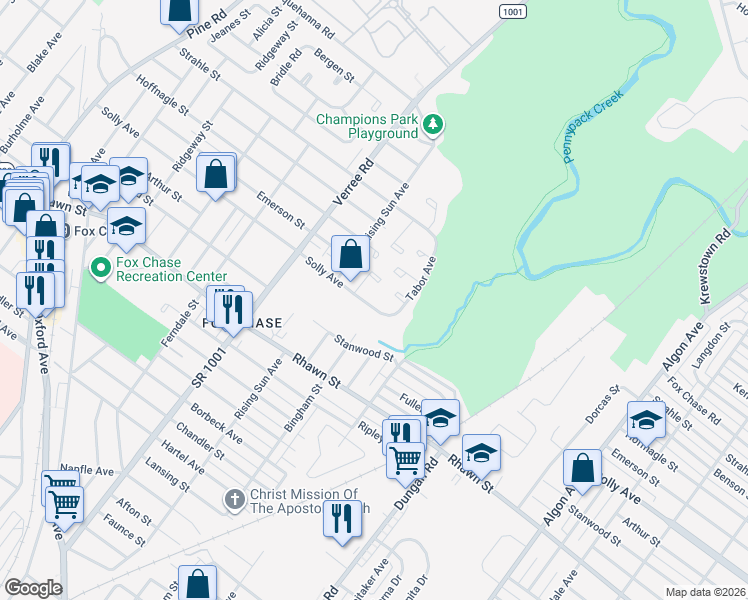 map of restaurants, bars, coffee shops, grocery stores, and more near 1107 Solly Avenue in Philadelphia