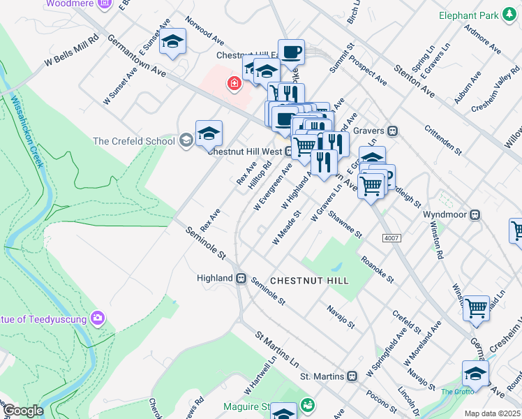 map of restaurants, bars, coffee shops, grocery stores, and more near 196 West Evergreen Avenue in Philadelphia