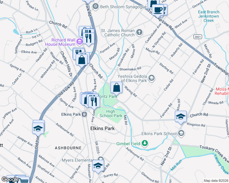 map of restaurants, bars, coffee shops, grocery stores, and more near 8110 Cadwalader Avenue in Elkins Park