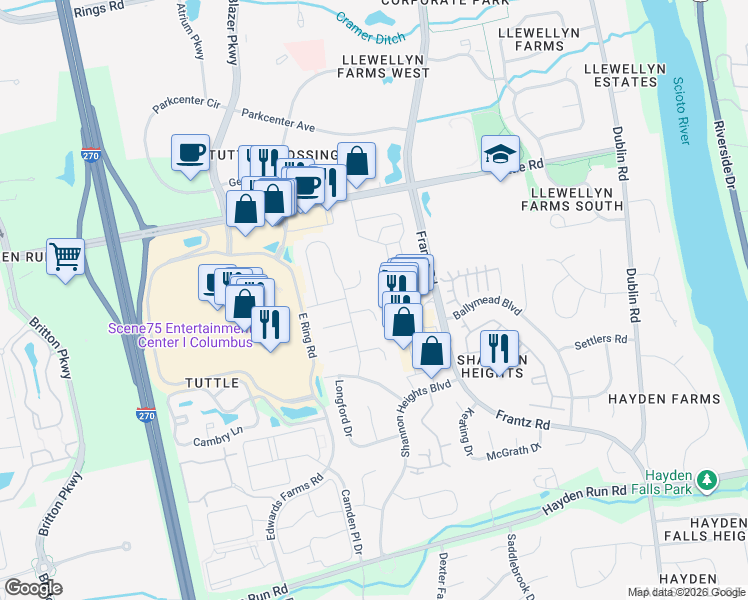 map of restaurants, bars, coffee shops, grocery stores, and more near 4054 Brelsford Lane in Columbus