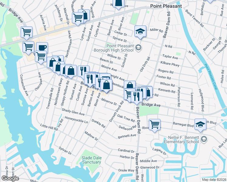 map of restaurants, bars, coffee shops, grocery stores, and more near 1226 Wooddale Avenue in Point Pleasant