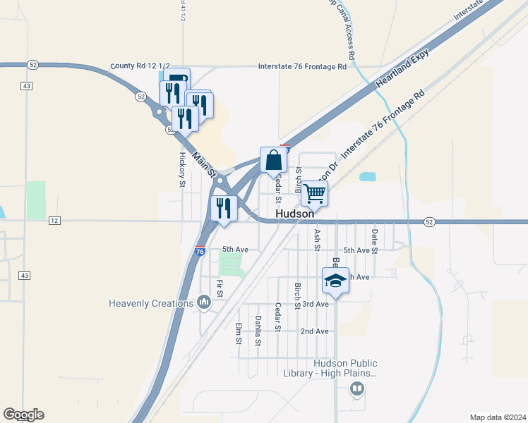 map of restaurants, bars, coffee shops, grocery stores, and more near 635 Cedar Street in Hudson